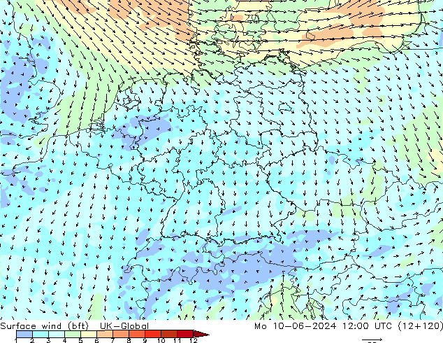 Rüzgar 10 m (bft) UK-Global Pzt 10.06.2024 12 UTC