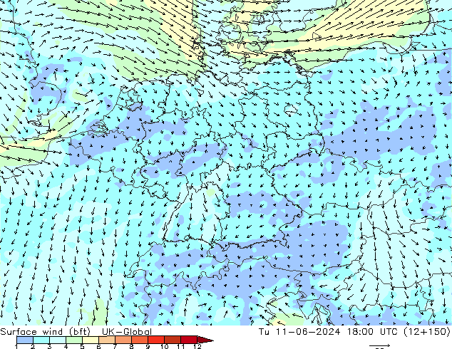 Surface wind (bft) UK-Global Tu 11.06.2024 18 UTC