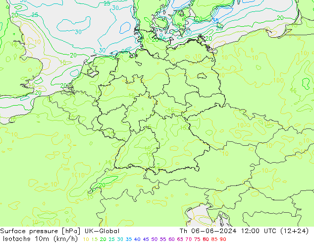 Isotachs (kph) UK-Global Th 06.06.2024 12 UTC