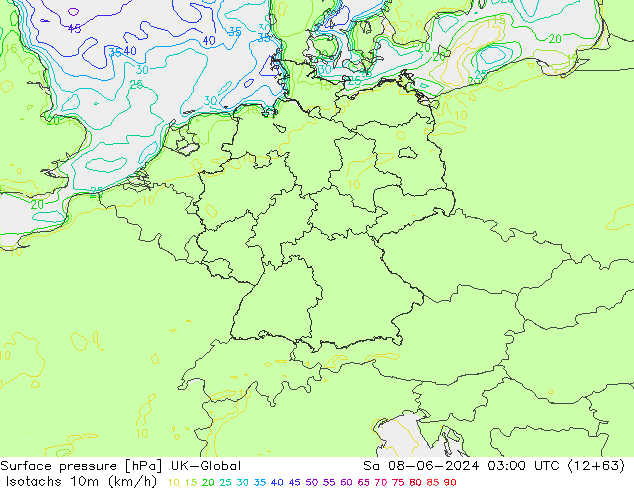 Izotacha (km/godz) UK-Global so. 08.06.2024 03 UTC