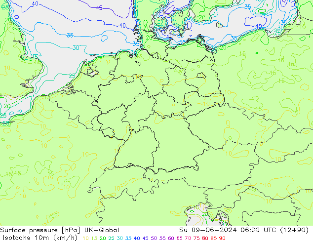 Isotachs (kph) UK-Global Su 09.06.2024 06 UTC