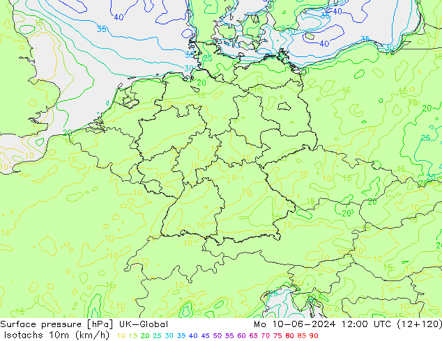 Isotachs (kph) UK-Global Mo 10.06.2024 12 UTC