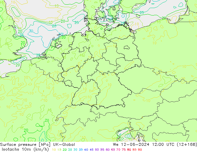 Izotacha (km/godz) UK-Global śro. 12.06.2024 12 UTC