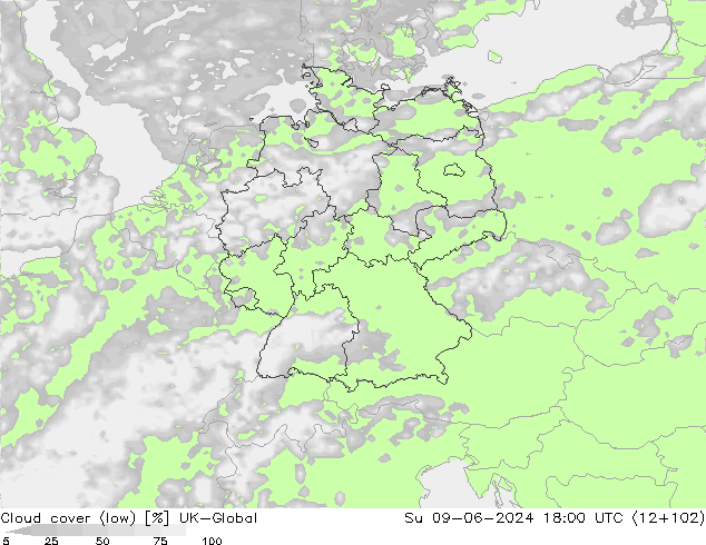 Cloud cover (low) UK-Global Su 09.06.2024 18 UTC