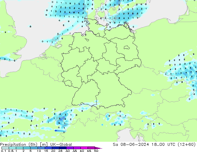 осадки (6h) UK-Global сб 08.06.2024 00 UTC