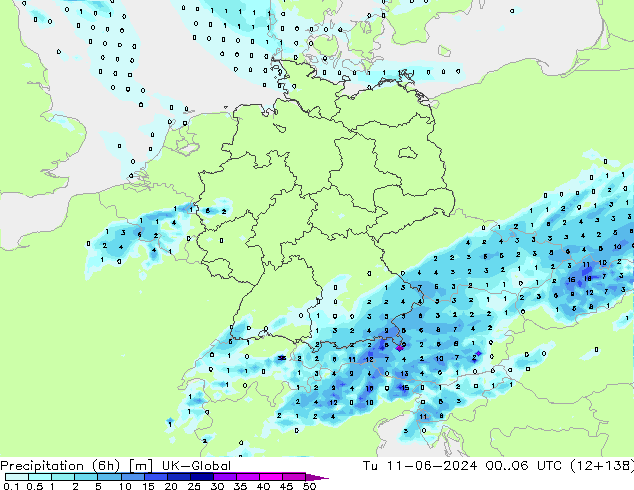 Precipitation (6h) UK-Global Tu 11.06.2024 06 UTC