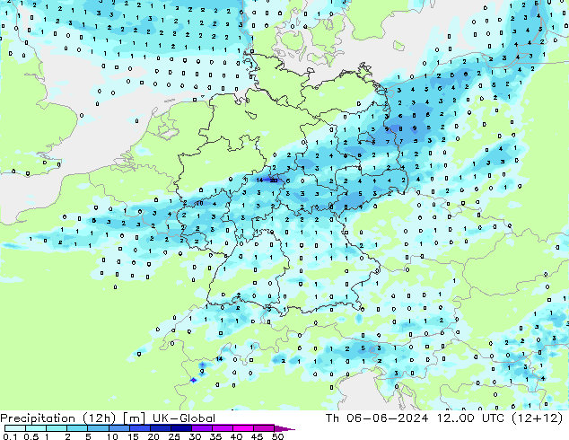 Precipitation (12h) UK-Global Čt 06.06.2024 00 UTC