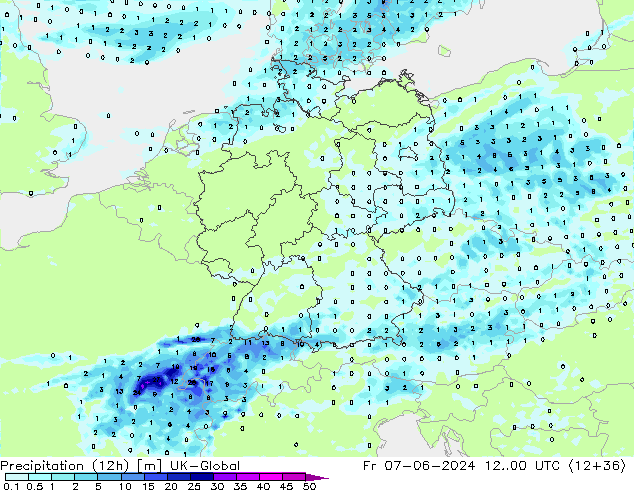 Précipitation (12h) UK-Global ven 07.06.2024 00 UTC