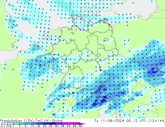 Precipitazione (12h) UK-Global mar 11.06.2024 12 UTC