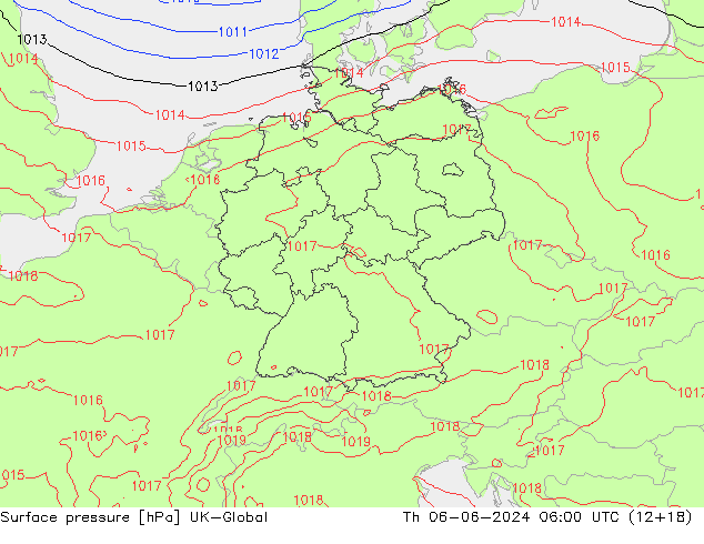 Atmosférický tlak UK-Global Čt 06.06.2024 06 UTC