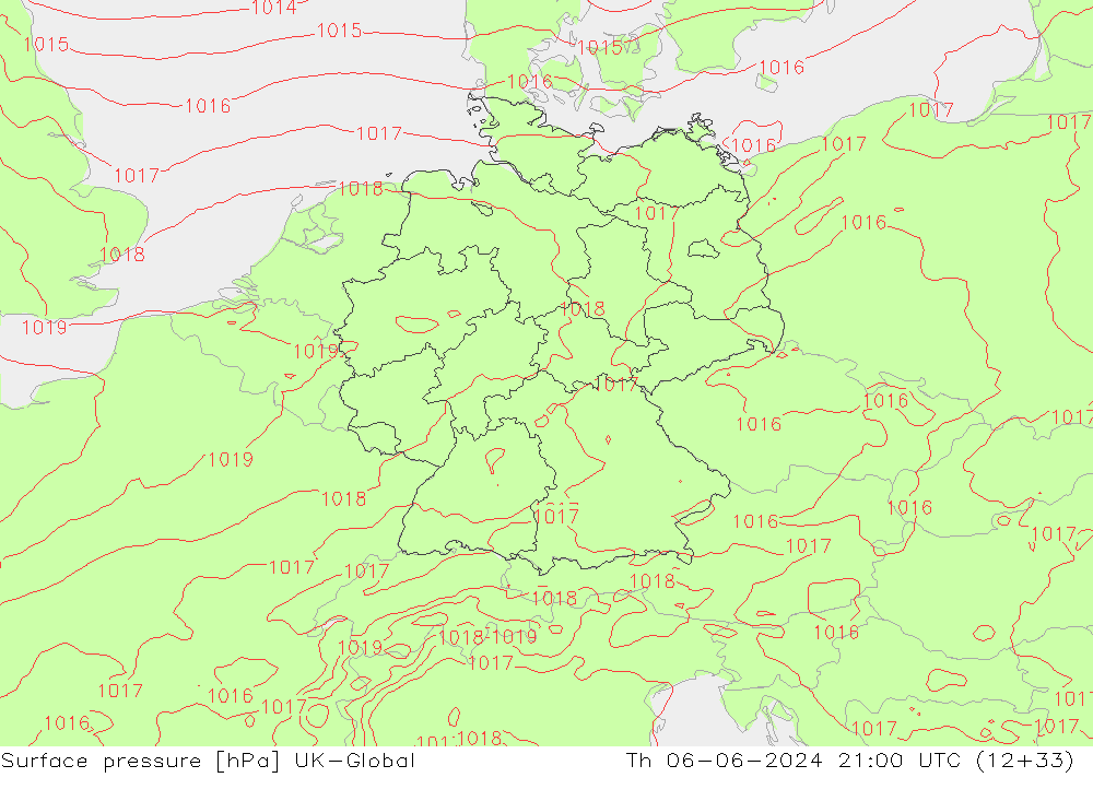 Presión superficial UK-Global jue 06.06.2024 21 UTC