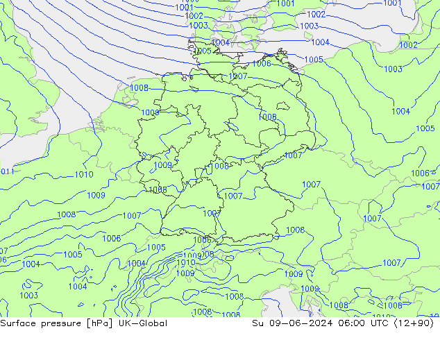 Pressione al suolo UK-Global dom 09.06.2024 06 UTC