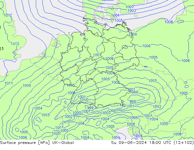 Surface pressure UK-Global Su 09.06.2024 18 UTC