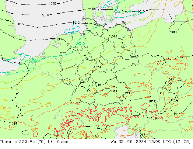 Theta-e 850hPa UK-Global mer 05.06.2024 18 UTC