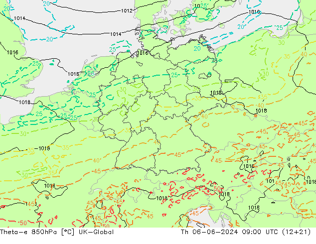 Theta-e 850hPa UK-Global Do 06.06.2024 09 UTC