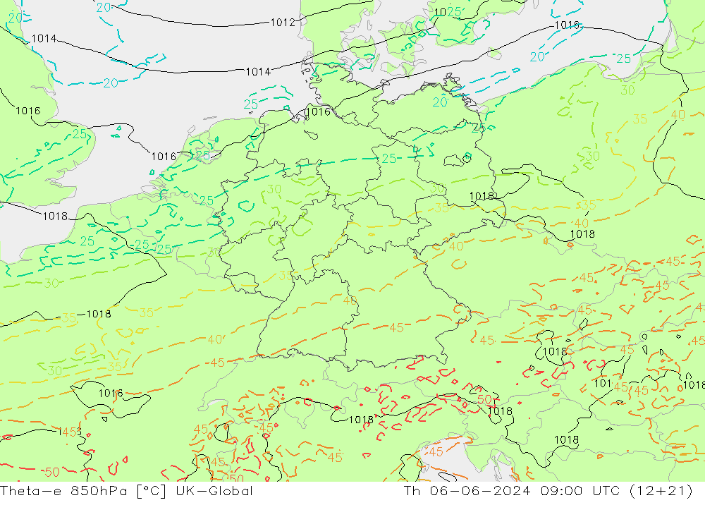 Theta-e 850hPa UK-Global Do 06.06.2024 09 UTC