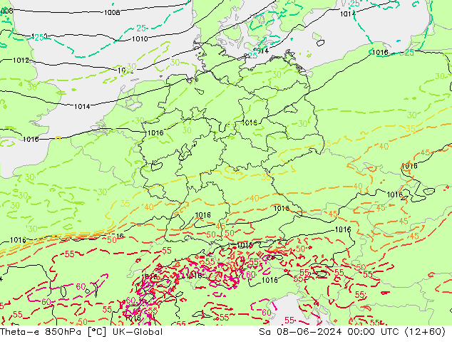 Theta-e 850hPa UK-Global sam 08.06.2024 00 UTC