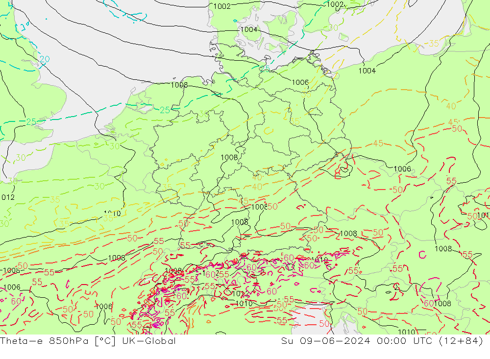Theta-e 850hPa UK-Global Ne 09.06.2024 00 UTC