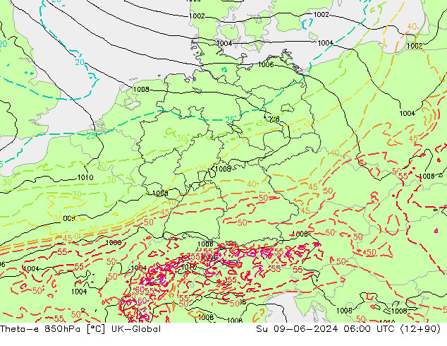 Theta-e 850hPa UK-Global Dom 09.06.2024 06 UTC