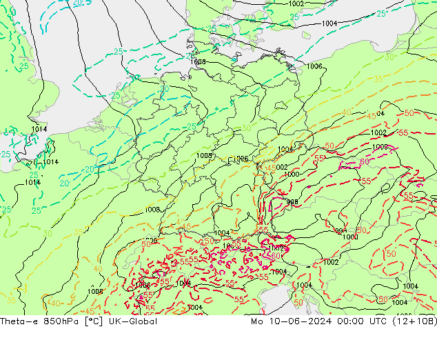Theta-e 850hPa UK-Global Mo 10.06.2024 00 UTC