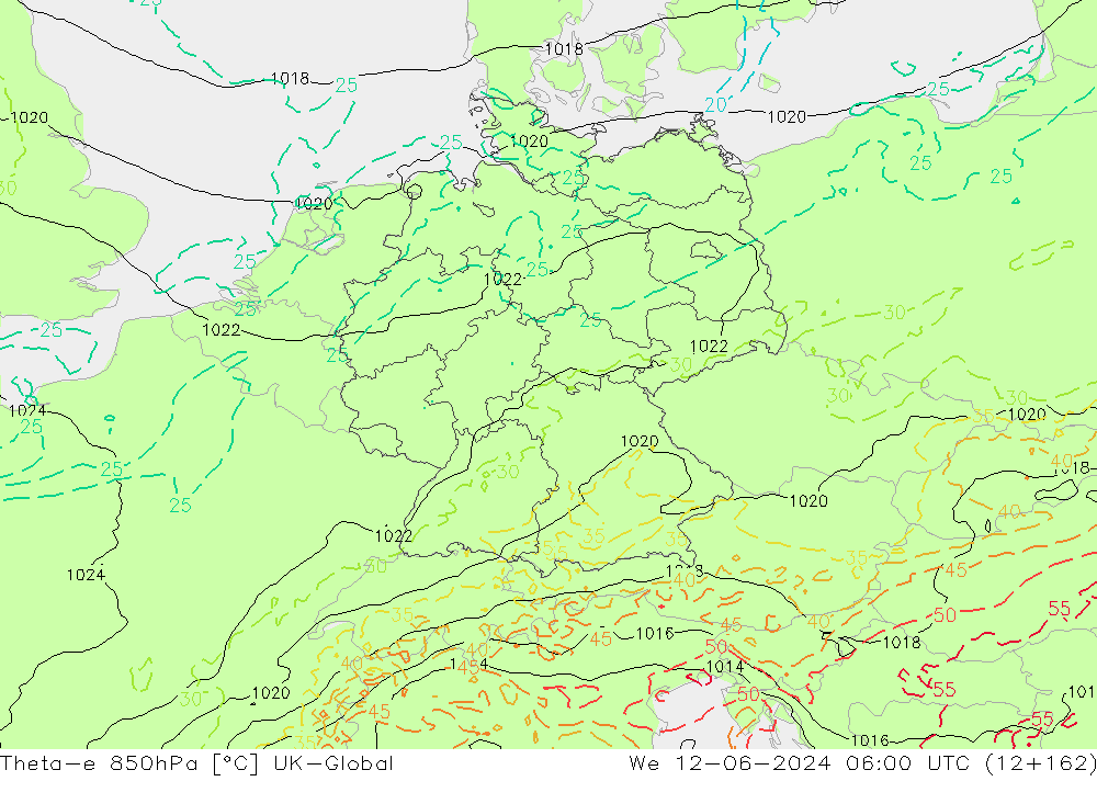 Theta-e 850hPa UK-Global mer 12.06.2024 06 UTC