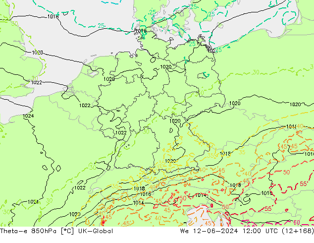 Theta-e 850hPa UK-Global Qua 12.06.2024 12 UTC