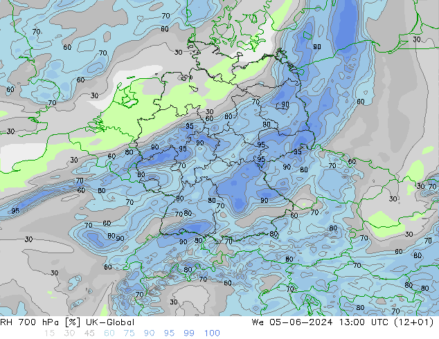 Humidité rel. 700 hPa UK-Global mer 05.06.2024 13 UTC