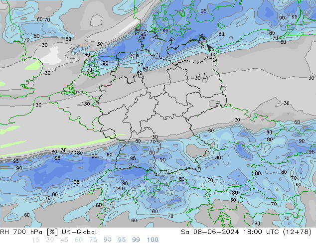 Humidité rel. 700 hPa UK-Global sam 08.06.2024 18 UTC