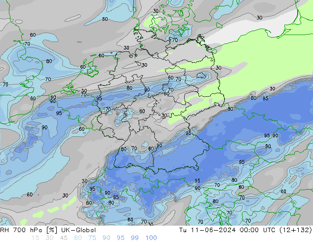 RH 700 hPa UK-Global Tu 11.06.2024 00 UTC