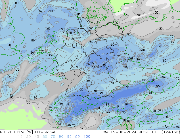 RH 700 hPa UK-Global mer 12.06.2024 00 UTC