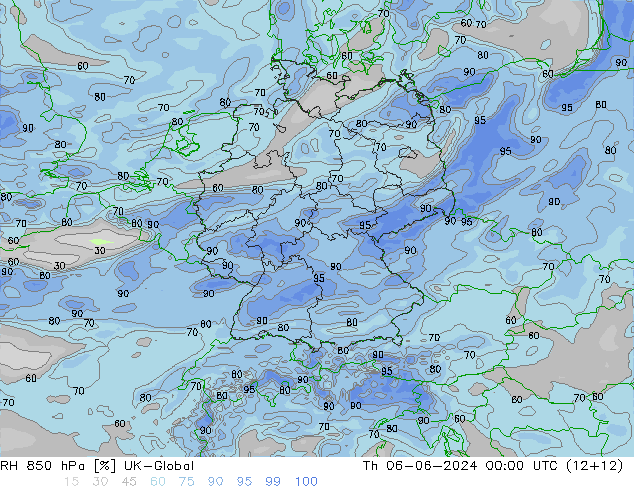RH 850 hPa UK-Global gio 06.06.2024 00 UTC