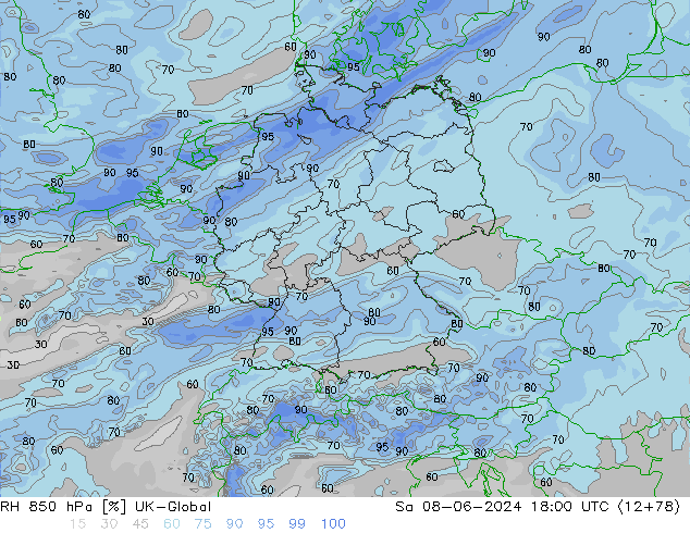 RH 850 гПа UK-Global сб 08.06.2024 18 UTC