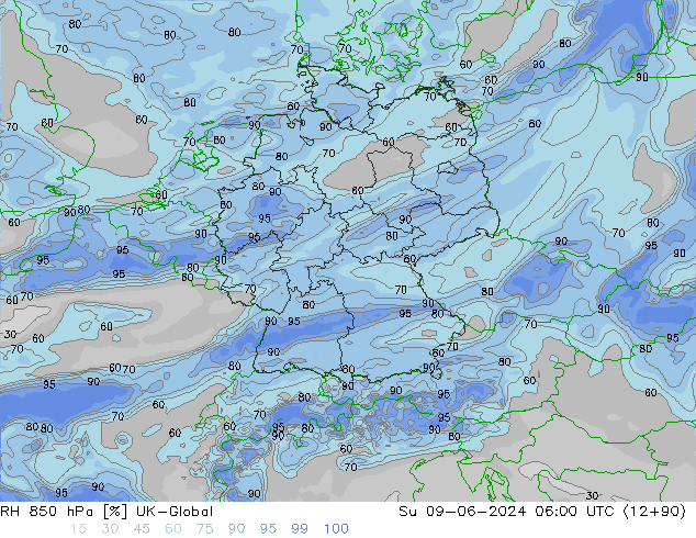 RH 850 hPa UK-Global Dom 09.06.2024 06 UTC