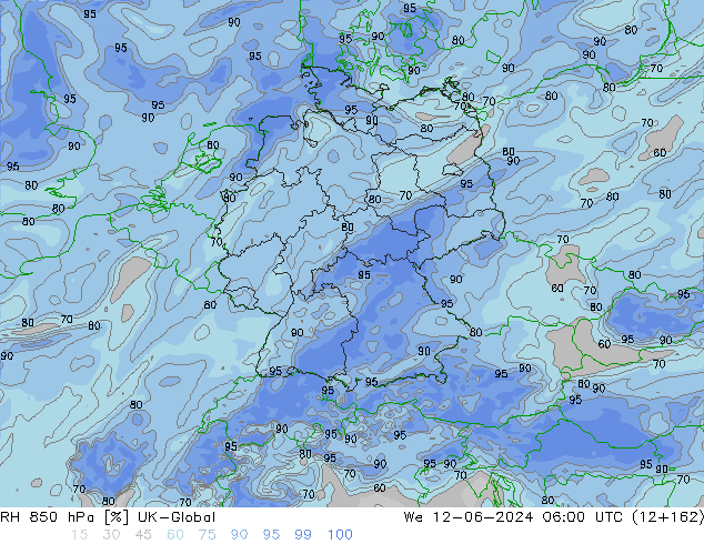 Humidité rel. 850 hPa UK-Global mer 12.06.2024 06 UTC