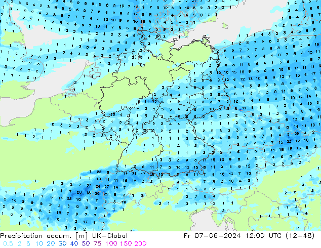 Precipitation accum. UK-Global Fr 07.06.2024 12 UTC