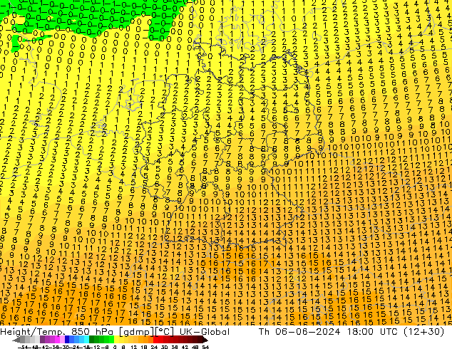 Height/Temp. 850 гПа UK-Global чт 06.06.2024 18 UTC