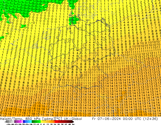 Yükseklik/Sıc. 850 hPa UK-Global Cu 07.06.2024 00 UTC