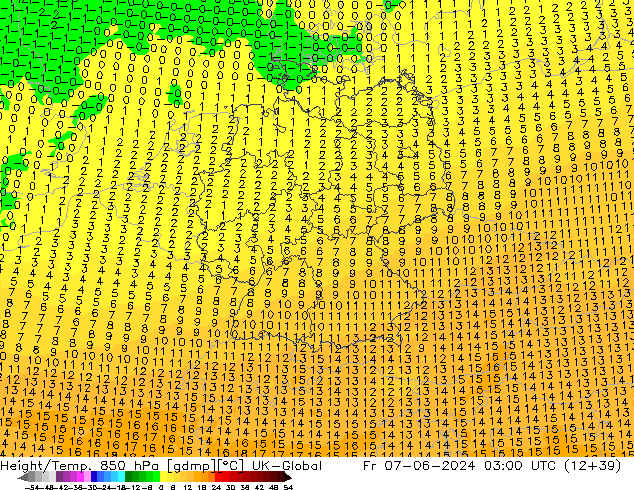 Hoogte/Temp. 850 hPa UK-Global vr 07.06.2024 03 UTC