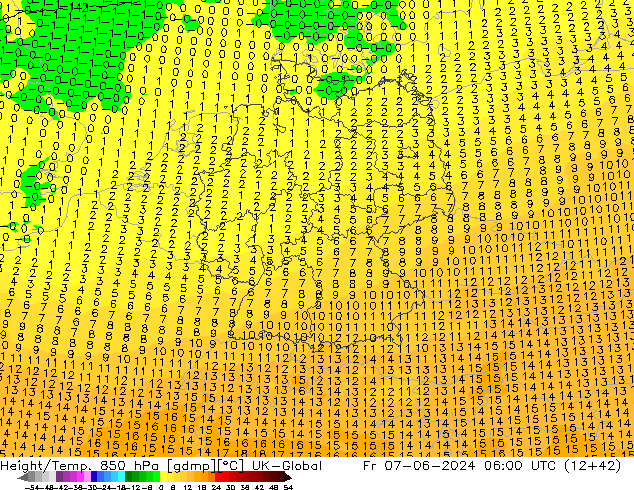 Height/Temp. 850 hPa UK-Global Fr 07.06.2024 06 UTC