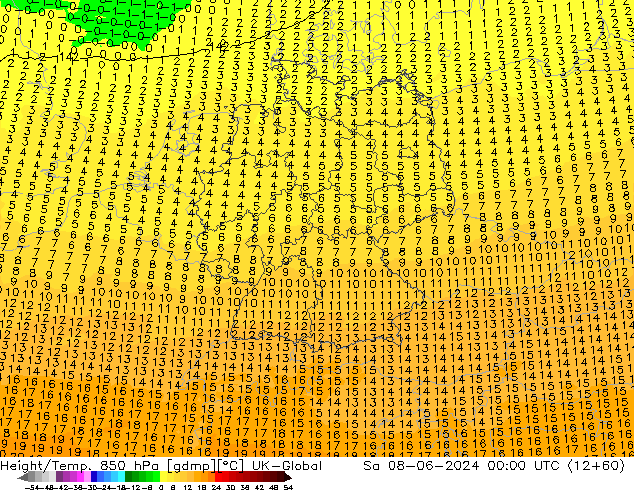 Height/Temp. 850 hPa UK-Global so. 08.06.2024 00 UTC