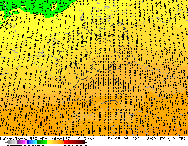 Height/Temp. 850 hPa UK-Global So 08.06.2024 18 UTC