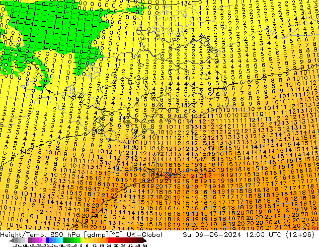 Géop./Temp. 850 hPa UK-Global dim 09.06.2024 12 UTC