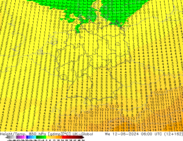 Géop./Temp. 850 hPa UK-Global mer 12.06.2024 06 UTC