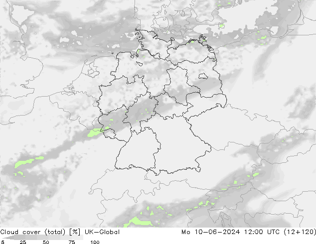 Cloud cover (total) UK-Global Mo 10.06.2024 12 UTC