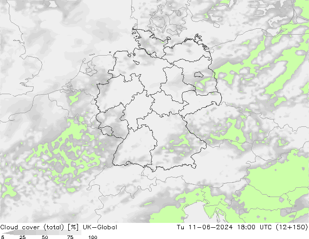Cloud cover (total) UK-Global Út 11.06.2024 18 UTC