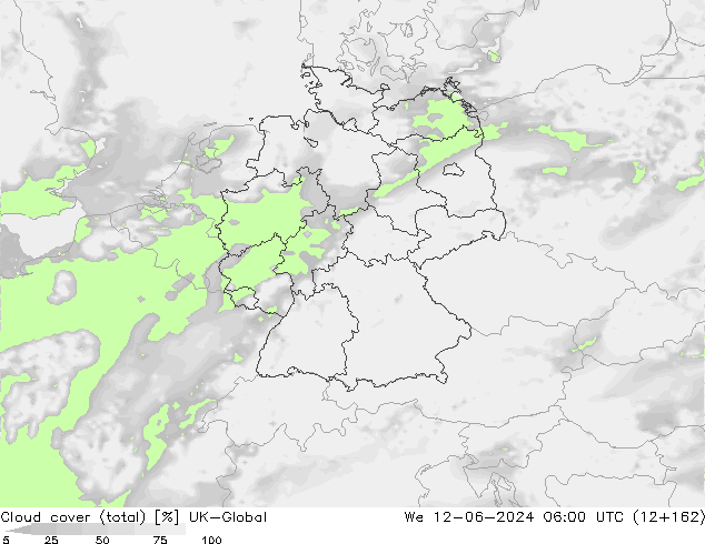 Cloud cover (total) UK-Global We 12.06.2024 06 UTC