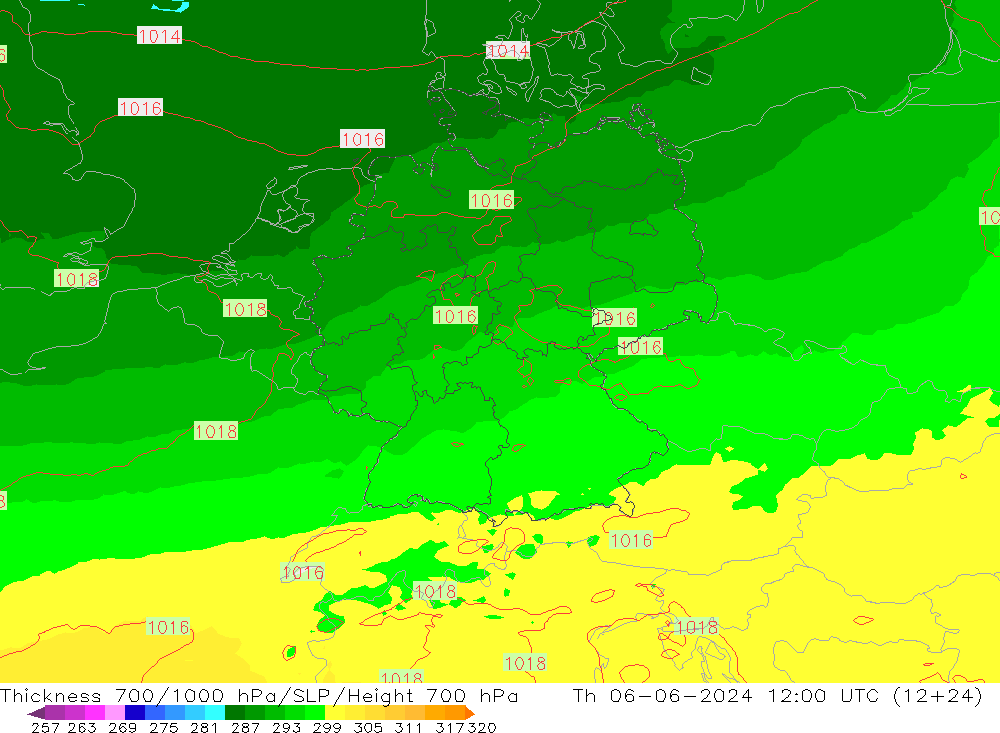 Espesor 700-1000 hPa UK-Global jue 06.06.2024 12 UTC