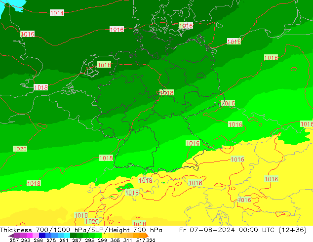 Espesor 700-1000 hPa UK-Global vie 07.06.2024 00 UTC