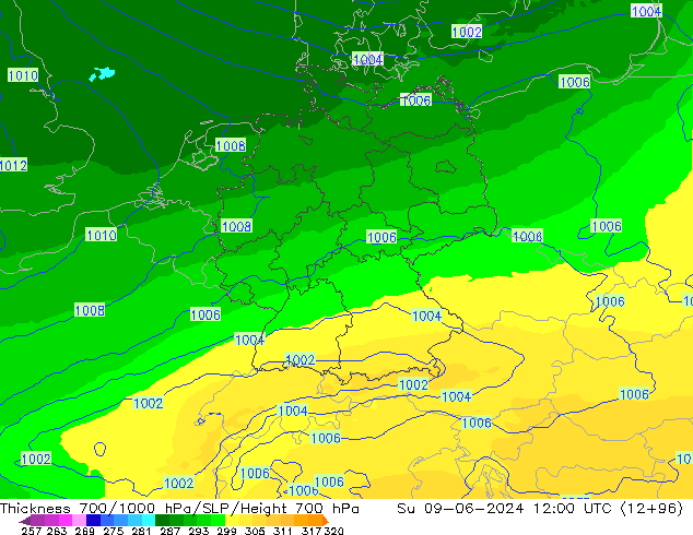 Thck 700-1000 гПа UK-Global Вс 09.06.2024 12 UTC