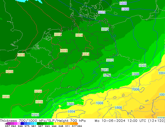 Dikte700-1000 hPa UK-Global ma 10.06.2024 12 UTC